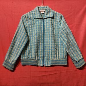Vintage 1980s Gingham Teal Blue & Lime Green Plaid Zip Up Sport Jacket Women's M